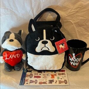 Dog Mug 4 Pc Valentines Bundle Bag, Mug, Stickers, and Bear NWT